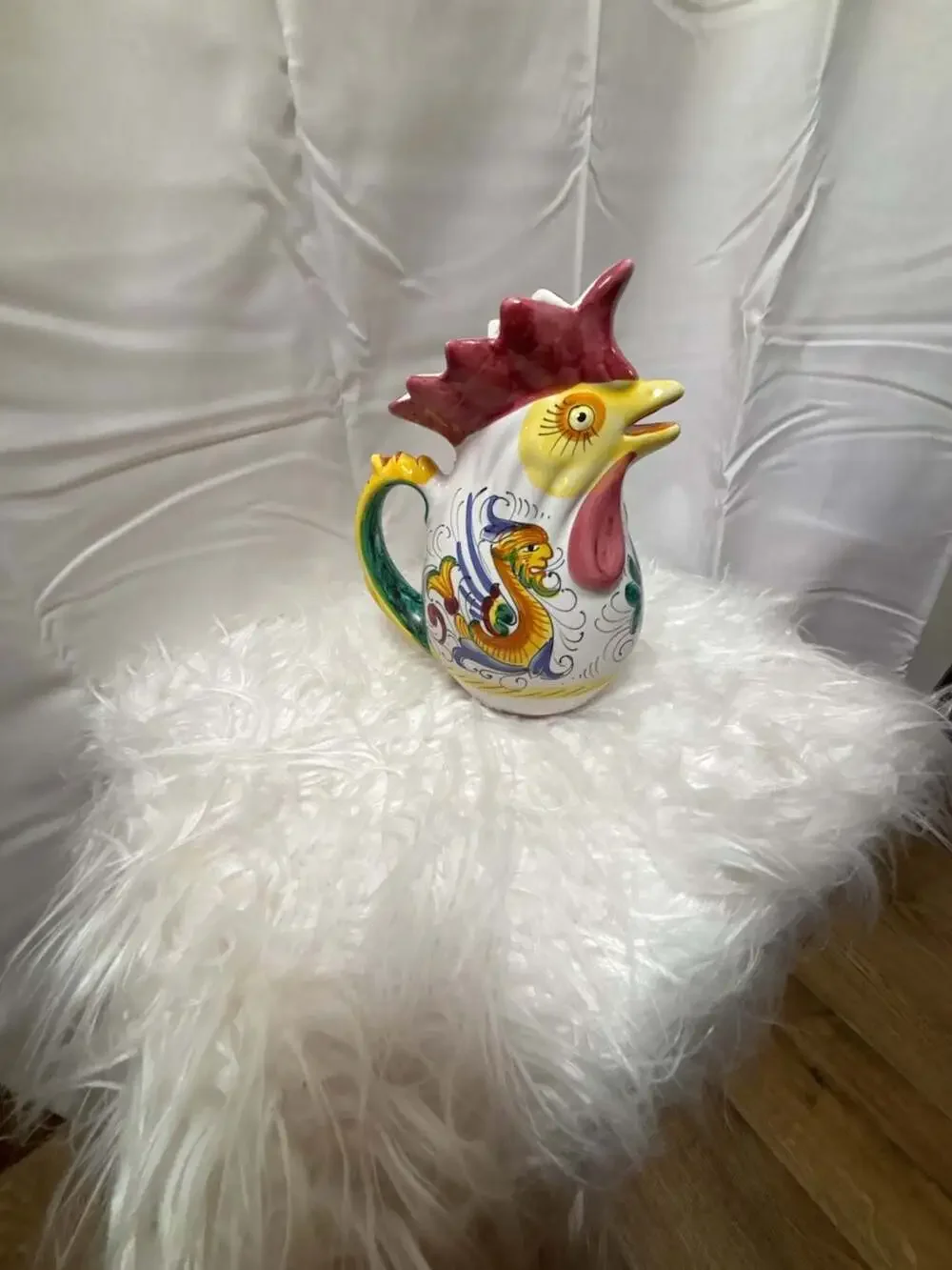 Vintage Italian Hand-Painted Majolica Rooster Pitcher for Williams Sonoma